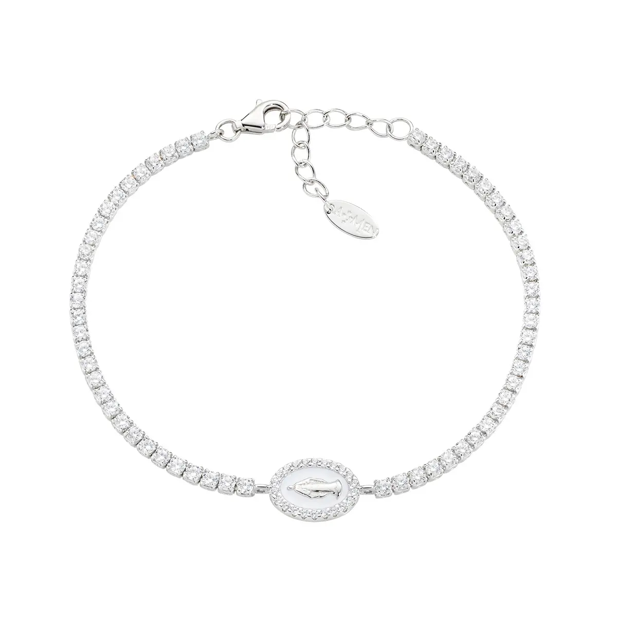 Bracciale Tennis con Miracolosa e Smalto Bianco Perla AMEN