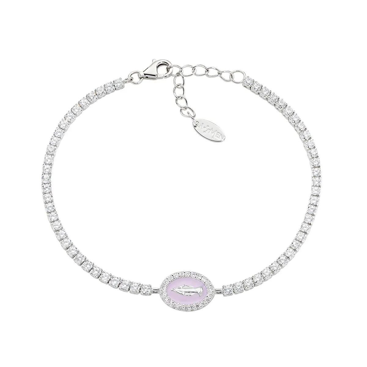 Bracciale Tennis con Miracolosa e Smalto Bianco Rosa Perla AMEN