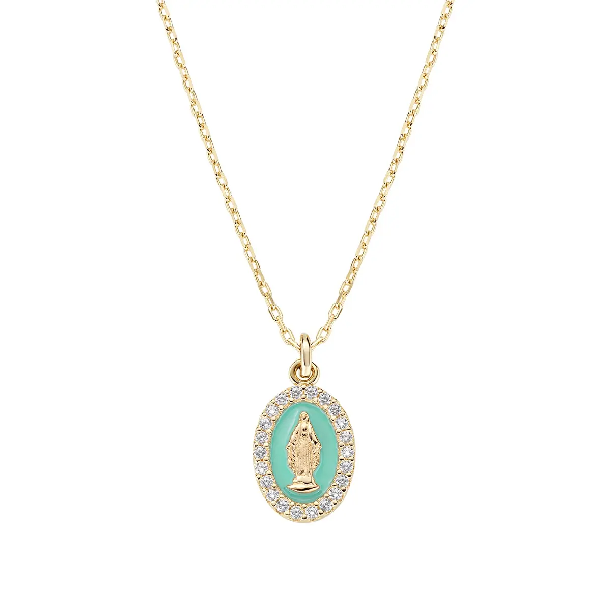Collana mini Medaglia Miracolosa smaltata Verde Mare AMEN